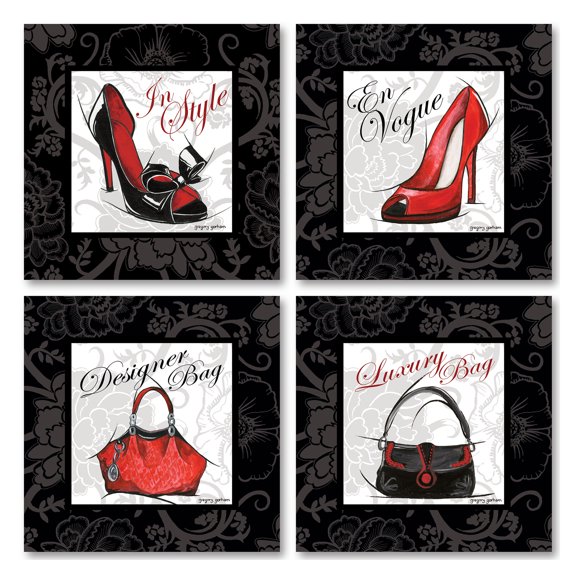 Red and Black Fashion High-Heel and Purse Adult/Teen Decor; 4 - 8" x 8" Unframed Posters