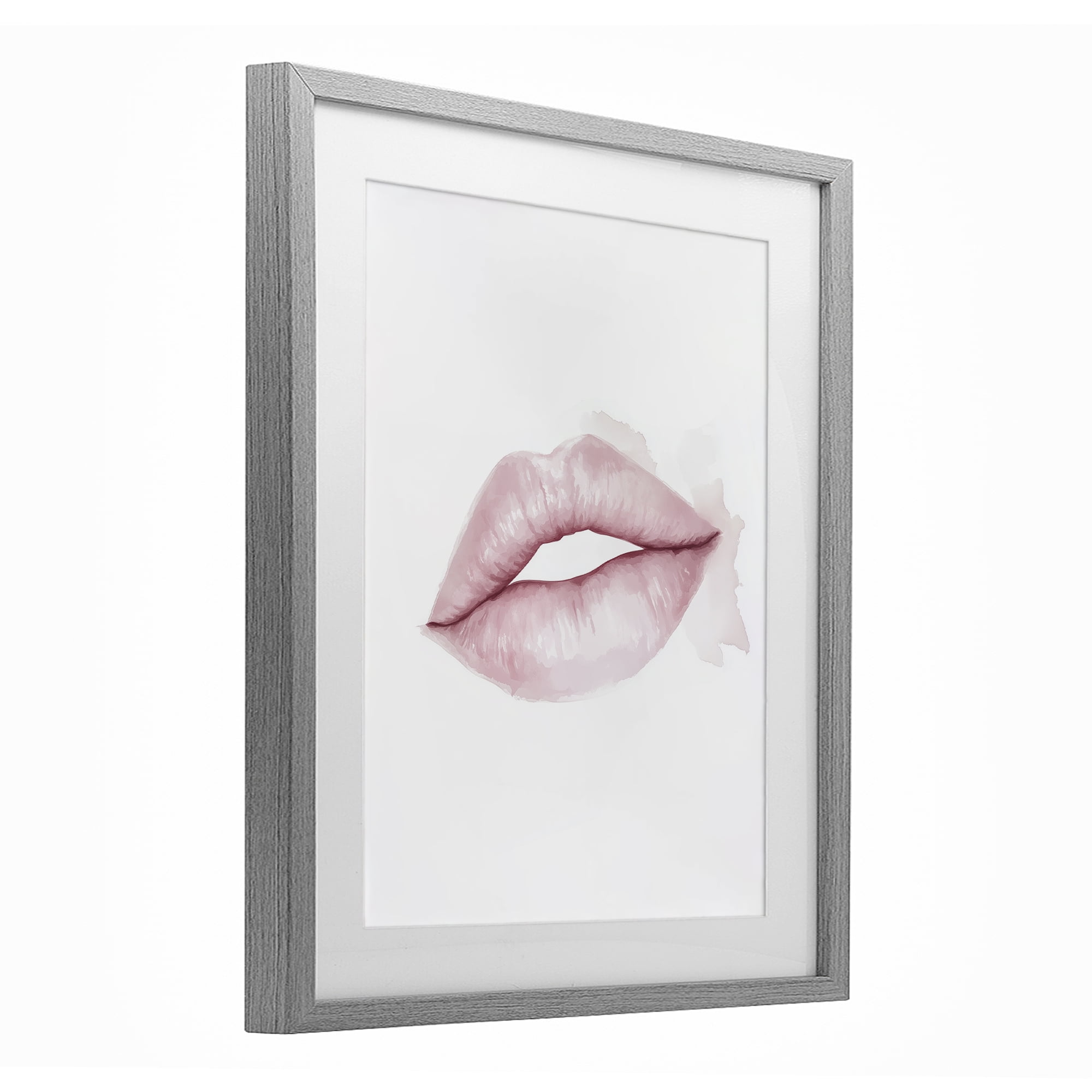 Pink Lips Watercolor Gray Framed Print Under Glass, design by Christine Simpson Art