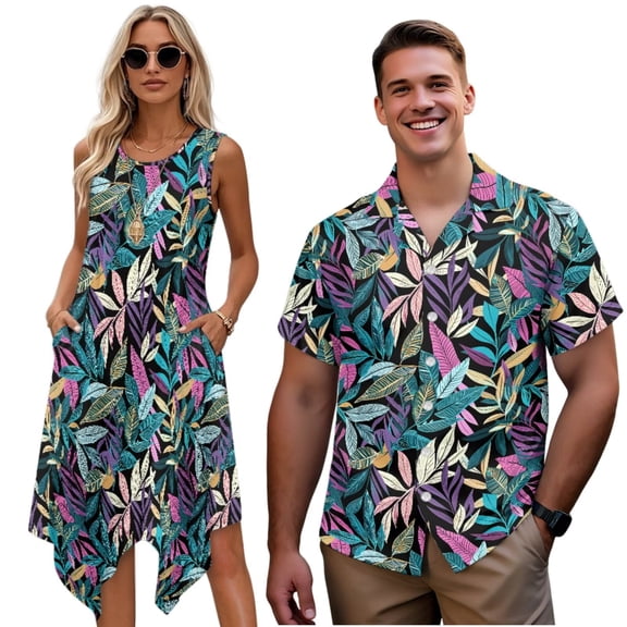 Uorisanigo Tropical Leaves Couple Matching Outfit Men's Button Up Shirt Hawaiian Tops Plus Size and Womens Sleeveless Dress with Pocket Fashion Summer Beach Sundress