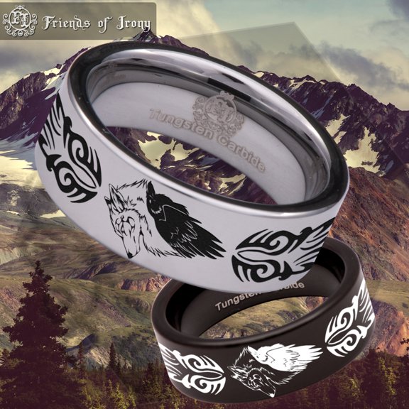 Wolf and Raven Tribal Tungsten Carbide Ring