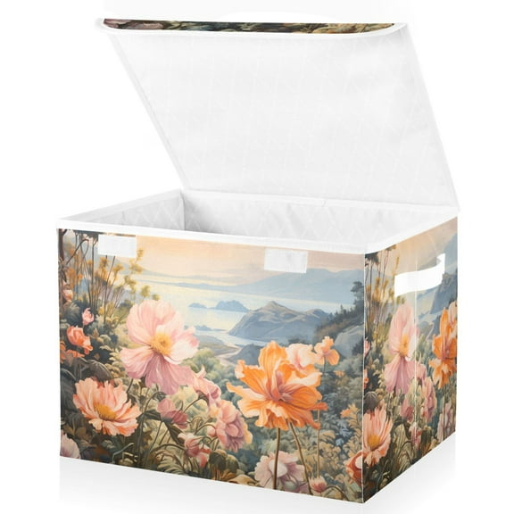 Flowers and Floral Large Lidded Bin Foldable Storage Baskets Boxes Cubes Lids with 2 Handles for Home Bedroom Office 16.5x12.6x11.8inch