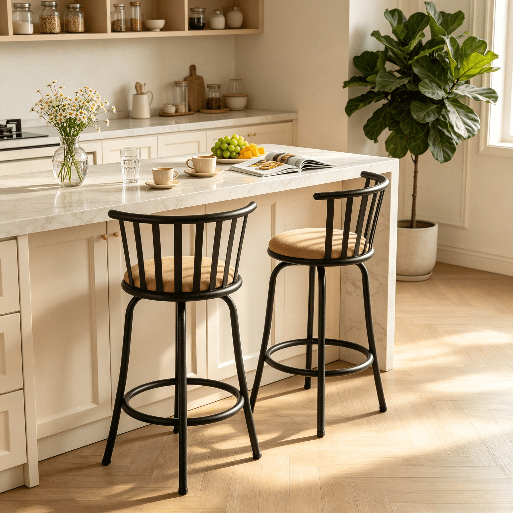 Homy Casa Swivel Counter Height Bar Stools Set of 2 with Back, Adjustable 24 or 29 Inch Upholstered Counter Stools for Kitchen Island, Brown