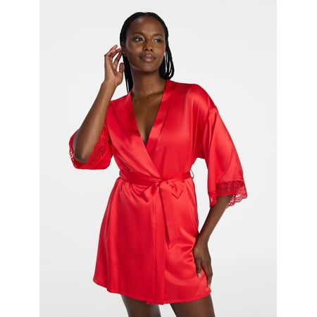 Joyspun Women’s Lace Trim Satin Valentine's Day Robe, Sizes S-3X