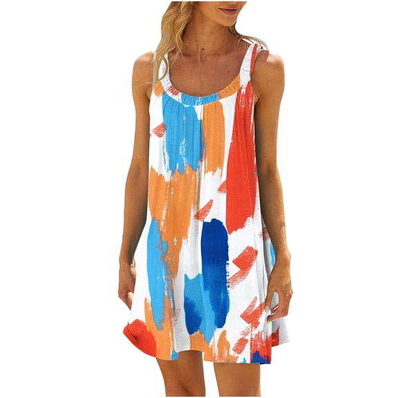Enjoytime Vacation Dresses for Women 2026 Printed Crewneck Sleeveless Mini Dress Summer Casual Loose Beach Dresses