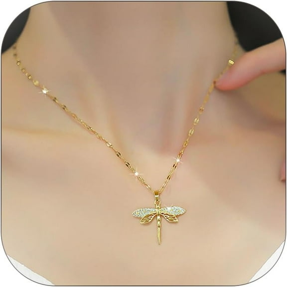 Dragonfly Necklace for Women Gold Chain Necklace Dainty Stainless Steel Choker Necklace Non Tarnish Cubic Zirconia Gold Plated Pendant Necklace Trendy