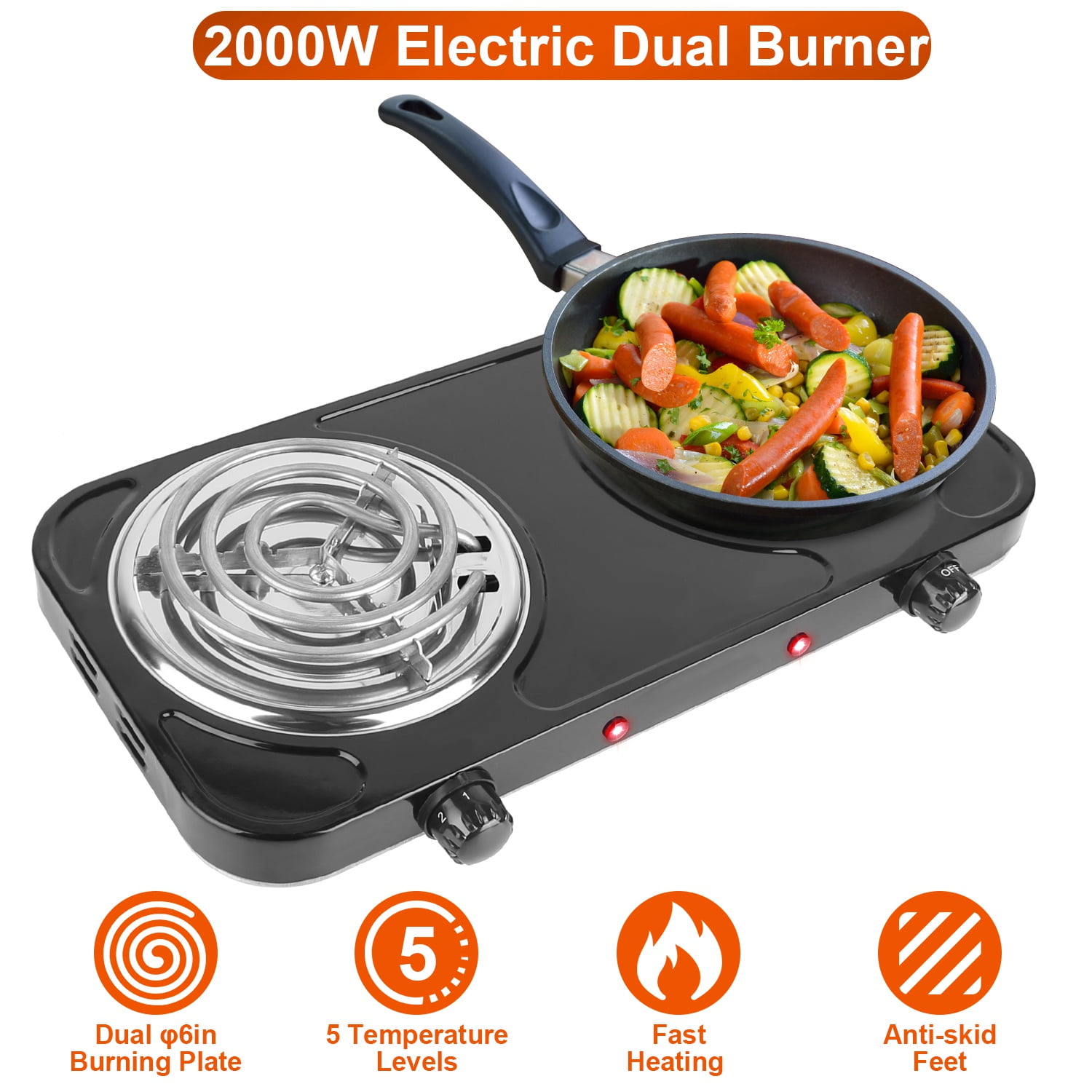 iMounTEK 2000W Double Burner Hot Plate, Portable Electric Stove with 5 Heat Settings – Black