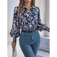 thumbnail image 5 of Women'S Floral Blouses Dressy Casual V Neck Button Down Shirts Lantern Long Sleeve Boho Chiffon Tops 2025 Dark Blue L, 5 of 8