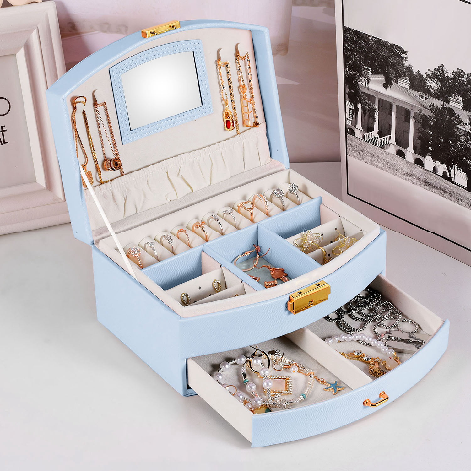 iMounTEK Synthetic Leather Jewelry Box 2-Layer Jewelry Travel Case for Rings Earrings Necklaces Bracelets