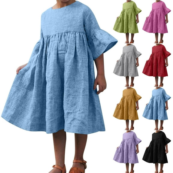 MKOSPLRT Linen Dresses for Girl Ruffle Sleeve High Waist Midi Dress Solid Casual Swing A Line Dress Summer Vacation Knee Length Dresses