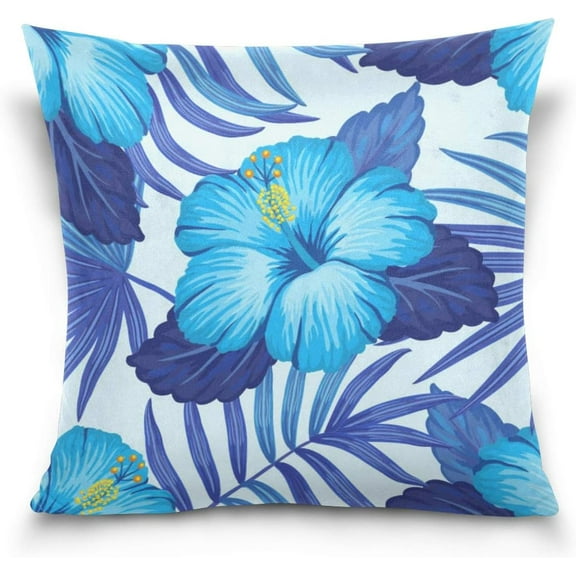 Tropical Blue Plants and Hibiscus Flower Velvet Oblong Lumbar Plush Throw Pillow Cover/Shams Cushion Case - 16" x 16" - Decorative Invisible Zipper Design for Couch Sofa Pillowcase Only