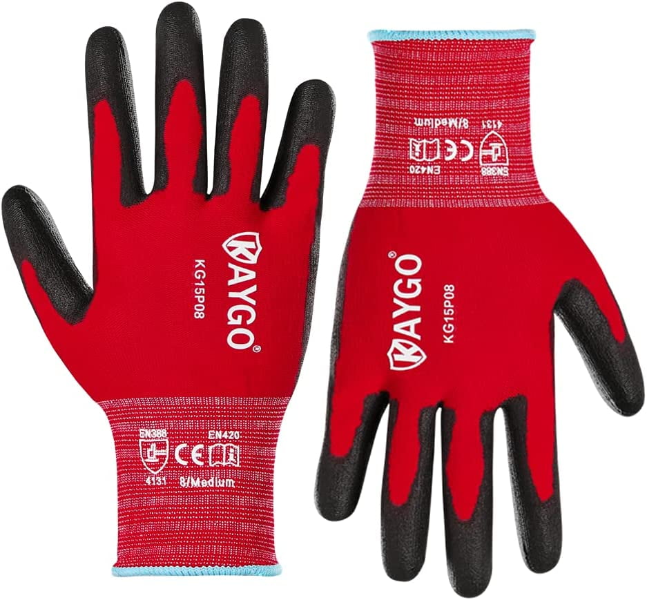 Work Gloves PU Coated,12 Pairs,KAYGO KG15P, Nylon Liner Material, Safety  Work Gloves, Knit Wrist Cuff,Ideal for Light Duty Work 