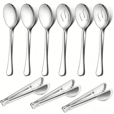 9 Piece Serving Set, 8.9 inch Stainless Steel Serving Utensil with Serving Spoon/Slotted Spoons/Serving Tongs, Silver Buffet Banquet Catering Serving Spoons Tongs Set, Dishwasher Safe