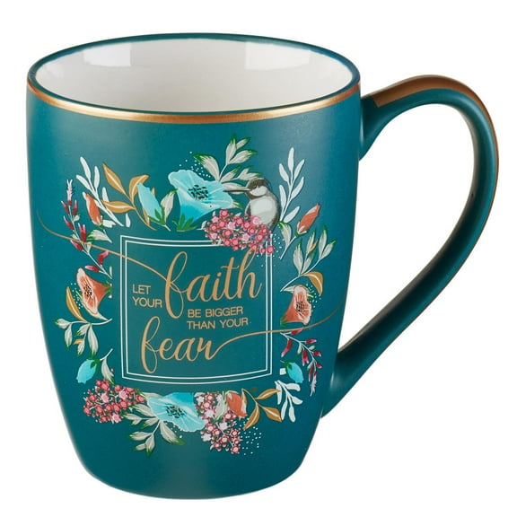 Floral Faith Mug for Women & Men, Ceramic Coffee Mug w/Gold Trim & Calligraphy, 12oz