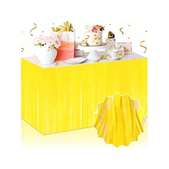 Nvzi Juego de 5 faldas de mesa con flecos metálicos de 29 x 108 pulgadas (9 pies de largo) de color amarillo, faldas desechables de oropel para carrozas de desfile,cumpleaños, baby shower, boda