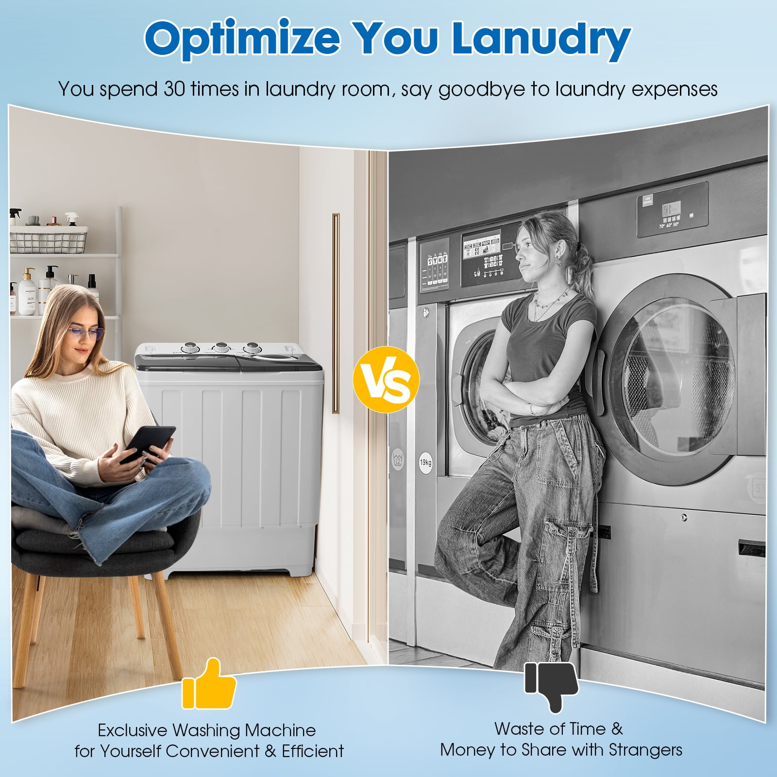 Dawmilon Portable Twin Tub Washing Machine, 28 lb Capacity with Drain Pump, Compact Washer for Apartments, Dorms & RVs, Grey