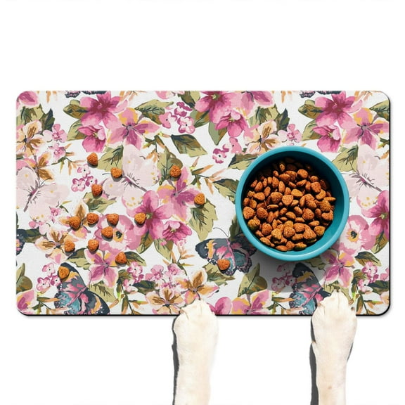 Bloom Extra Large Floral Dog Bowl Mat - Absorbent Pet Food Mat with Peony and Rose Pattern, Multi-Layer