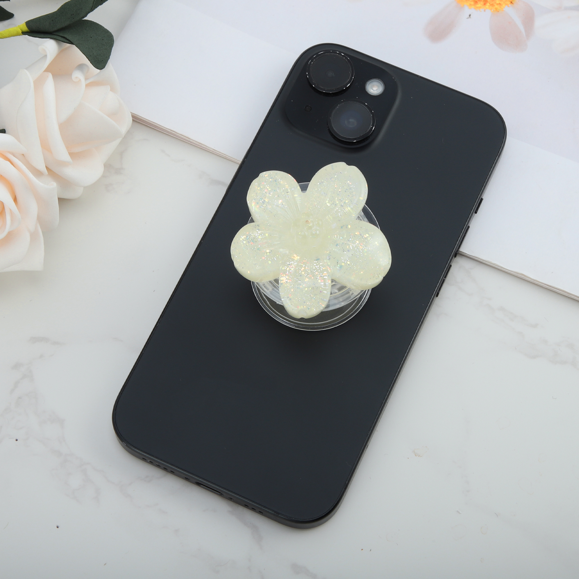 Unique Bargains Flower Morandi Glitter Phone Grip 1 Pc Yellow