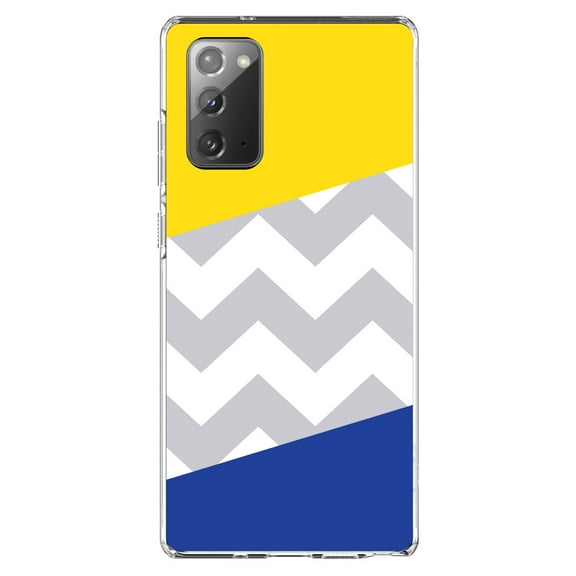 DistinctInk Clear Shockproof Hybrid Case for Galaxy Note 20 ULTRA (6.9" Screen) - TPU Bumper, Acrylic Back, Tempered Glass Screen Protector - Blue Yellow Block Grey Chevron - Stripes Pattern