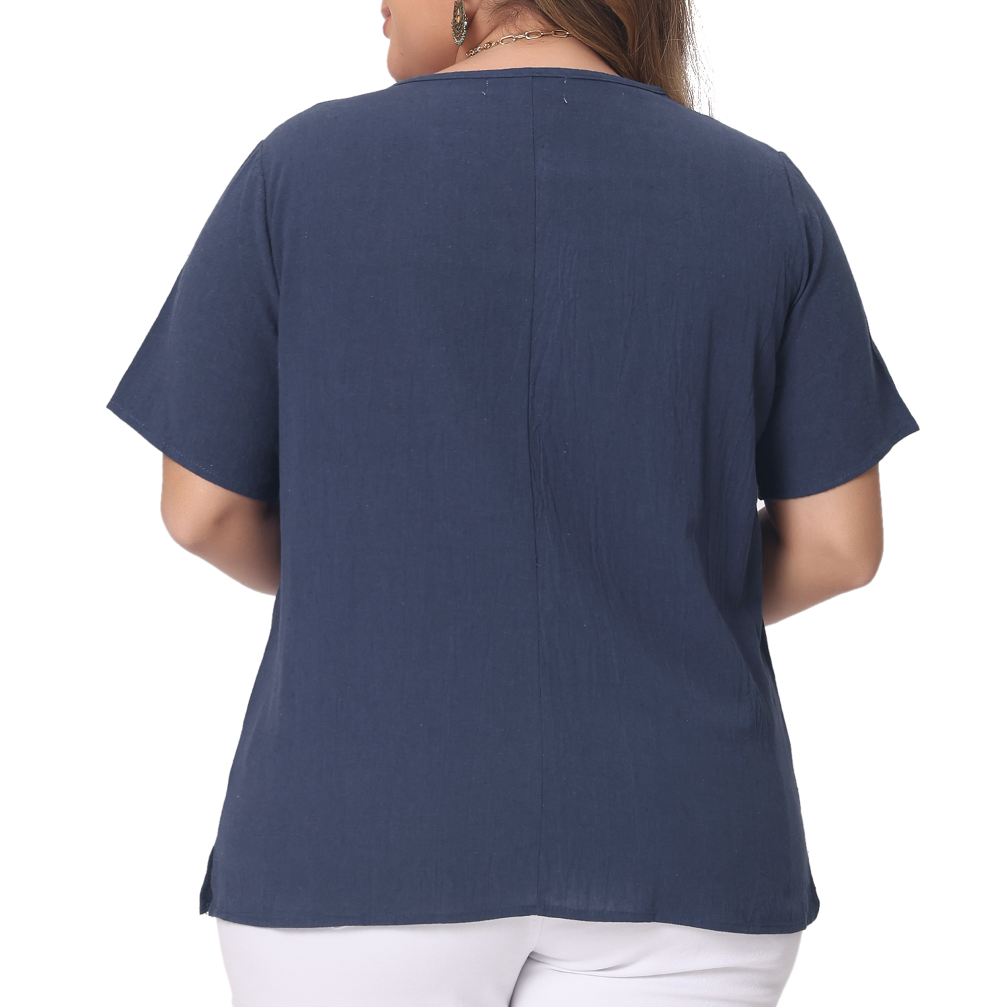Women's Plus Top Short Sleeve Crew Neck Cotton Linen Blouses Top T Shirt 2X Navy Blue