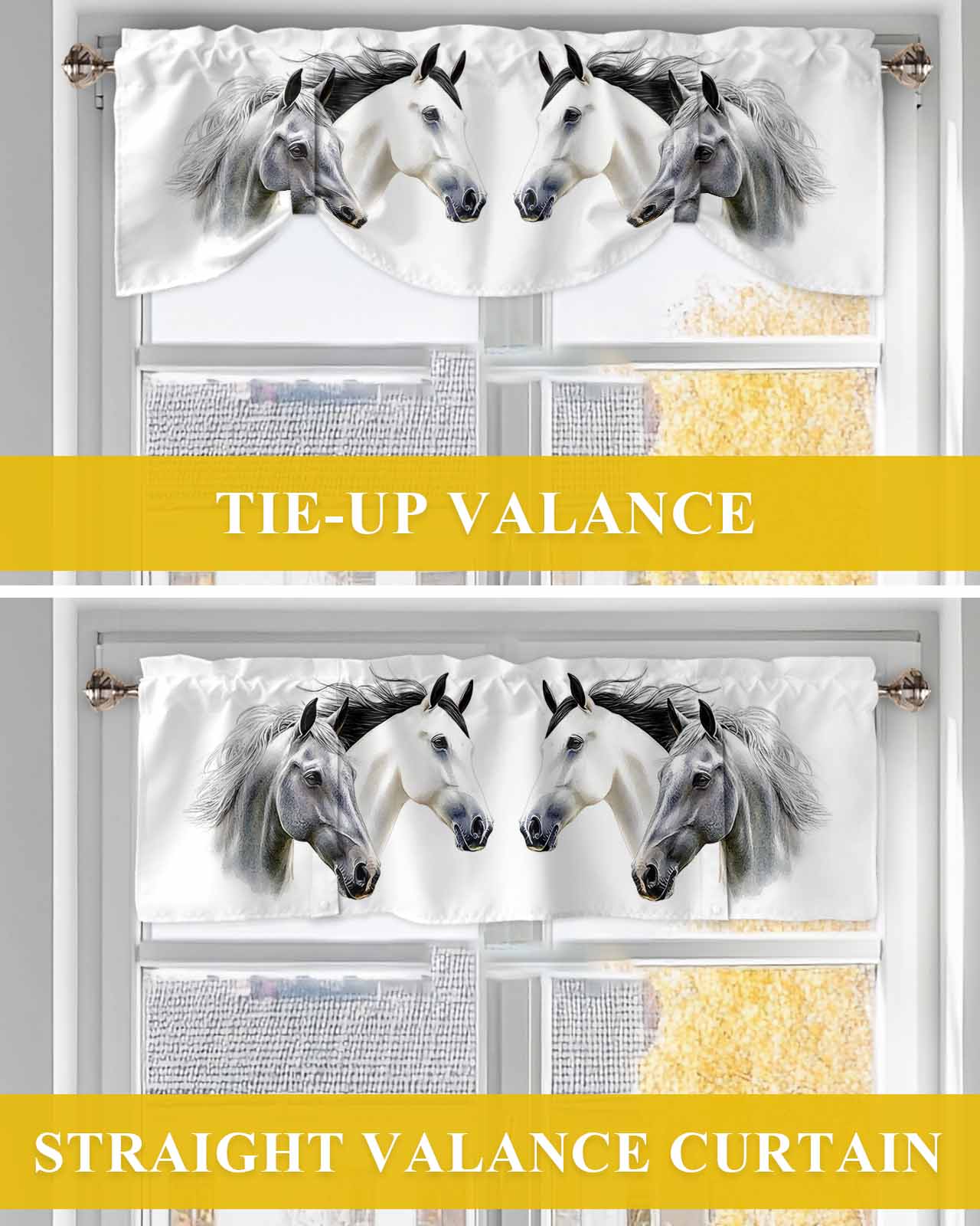 Horse Tie Up Valances Curtain, Watercolor Animal Kitchen Valances for Windows Decor, Rod Pocket Short Curtains Set for Bedroom/Bathroom, 60"x18"