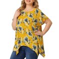 thumbnail image 1 of Women's Plus Size Blouses Flare Sleeve Round Neck Asymmetric Floral Tops Yellow 4X, 1 of 6