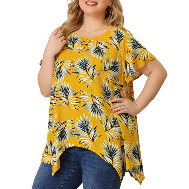 Women's Plus Size Blouses Flare Sleeve Round Neck Asymmetric Floral Tops Yellow 4X