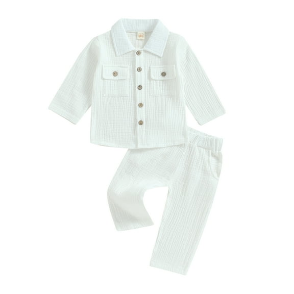 Toddler Baby Boy Girl Cotton Linen  6M 12M 18M 24M 3Y 4Y Muslin Button Down Long Sleeve Shirt Top Pants Set 2Pcs Fall Outfits