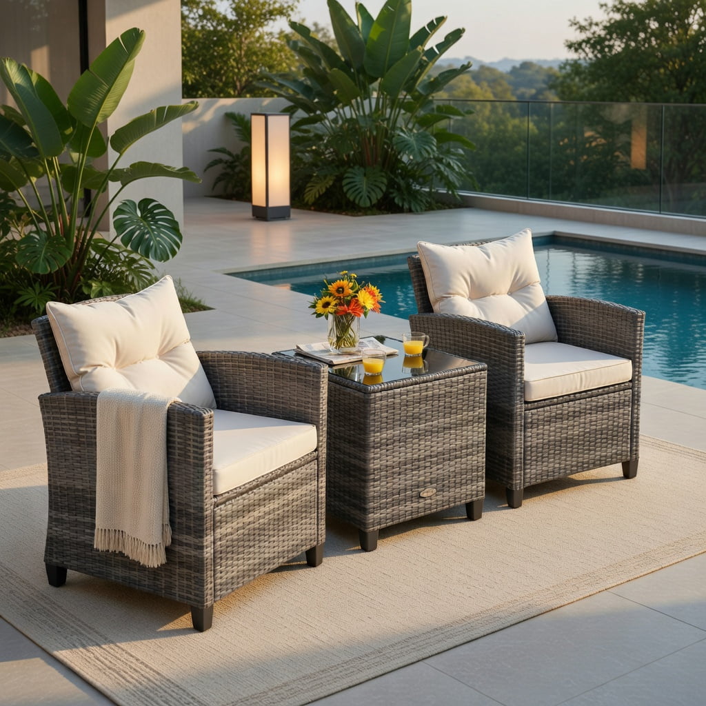 Hommoo 3-Piece Outdoor Wicker Conversation Set, PE Rattan Sofa & Tempered Glass Coffee Table with Weather-Resistant Cushions, White