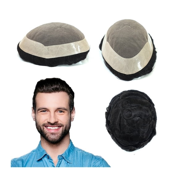 Durable Fine Mono Hairpieces Male Hair Prosthesis 6" Remy Human Hair Men's Toupee #1B Black Hair Replacement Systems 130% Denstiy Natural Wig for Men