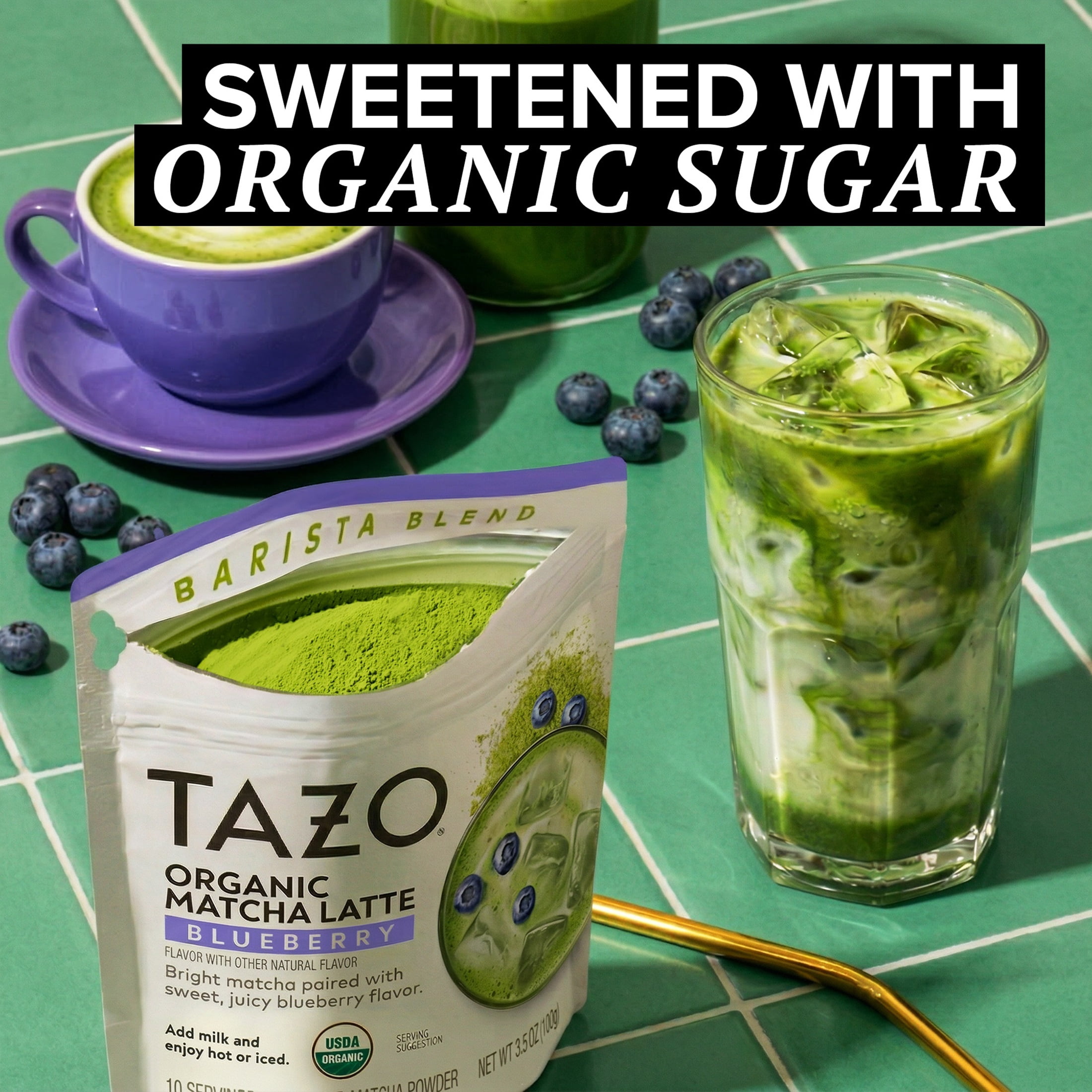 TAZO Organic Blueberry Matcha Latte Powder with 10 Servings, 3.5 oz