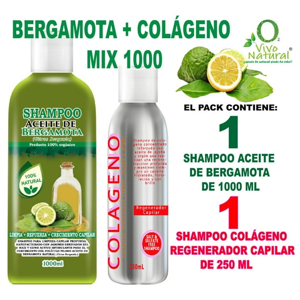 Bergamota + Colágeno Mix 1000 VIVONATURAL. Shampoo Aceite de Bergamota 1000 ml + Shampoo de Colágeno Regenerador Capilar 250 ml