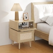 Bonzy Home Nightstand, Rotating Bedside Table with Woven Doors, Rattan Bedside Table with Storage for Bedroom, Living Room
