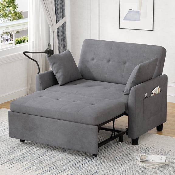 Someet 3 in 1 Convertible Sleeper Sofa Bed, Pull Out Loveseat Couch with Storage Pocket and Phone Mount, Adjustable Backrest, Pillows Included, Velvet Gray