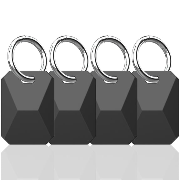 SENHAWK 4 Pack Silicone AirTag Protective Case, Geometric Cyber Style Electronics Carrying Case, Shock Resistant AirTag Keychain Holder, Non-Blocking Signal Tracker Cover with Metal Key Rings