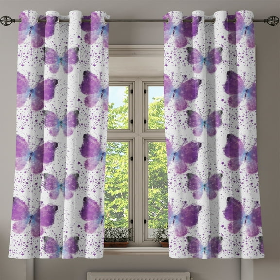 Ambesonne Butterfly Grommet Curtain, Modern Poly Effect, 50" x 54", Purple Pale Blue White