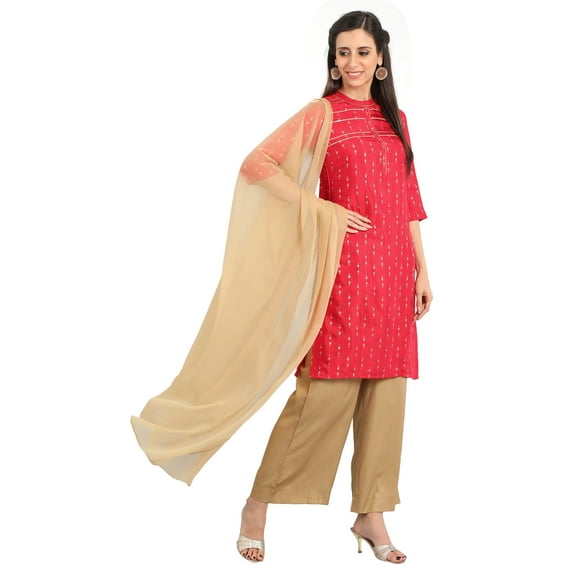 Red Band Collar Printed Kurta-X Large