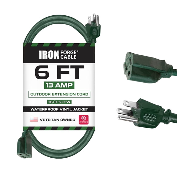 Iron Forge Cable Weatherproof 6 Ft Outdoor Extension Cord - 16/3 SJTW Heavy Duty Green Extension Cord 3 Prong - 13 Amp Exterior Power Cable