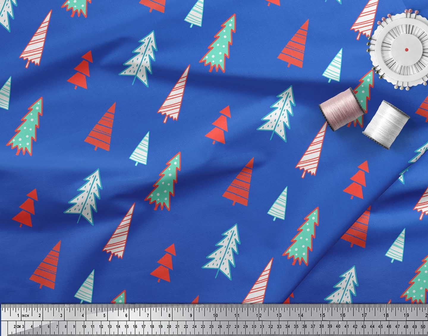 Soimoi Blue Cotton Jersey Fabric Christmas Tree Print Fabric by Yard 58 Inch Wide