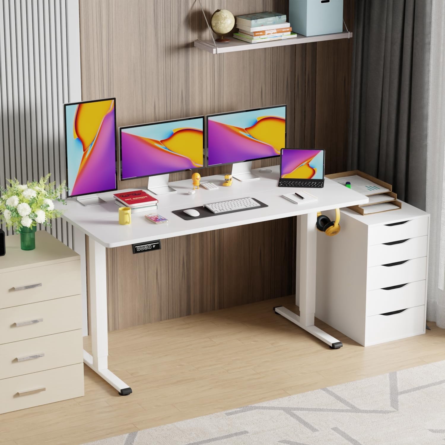YRLLENSDAN Electric Standing Desk Adjustable Height, Rising Work Desk for Home Office, Large Computer Desk with Cable Management, PC Gaming Table Desk that Raises Up and Down, White 55 Inch