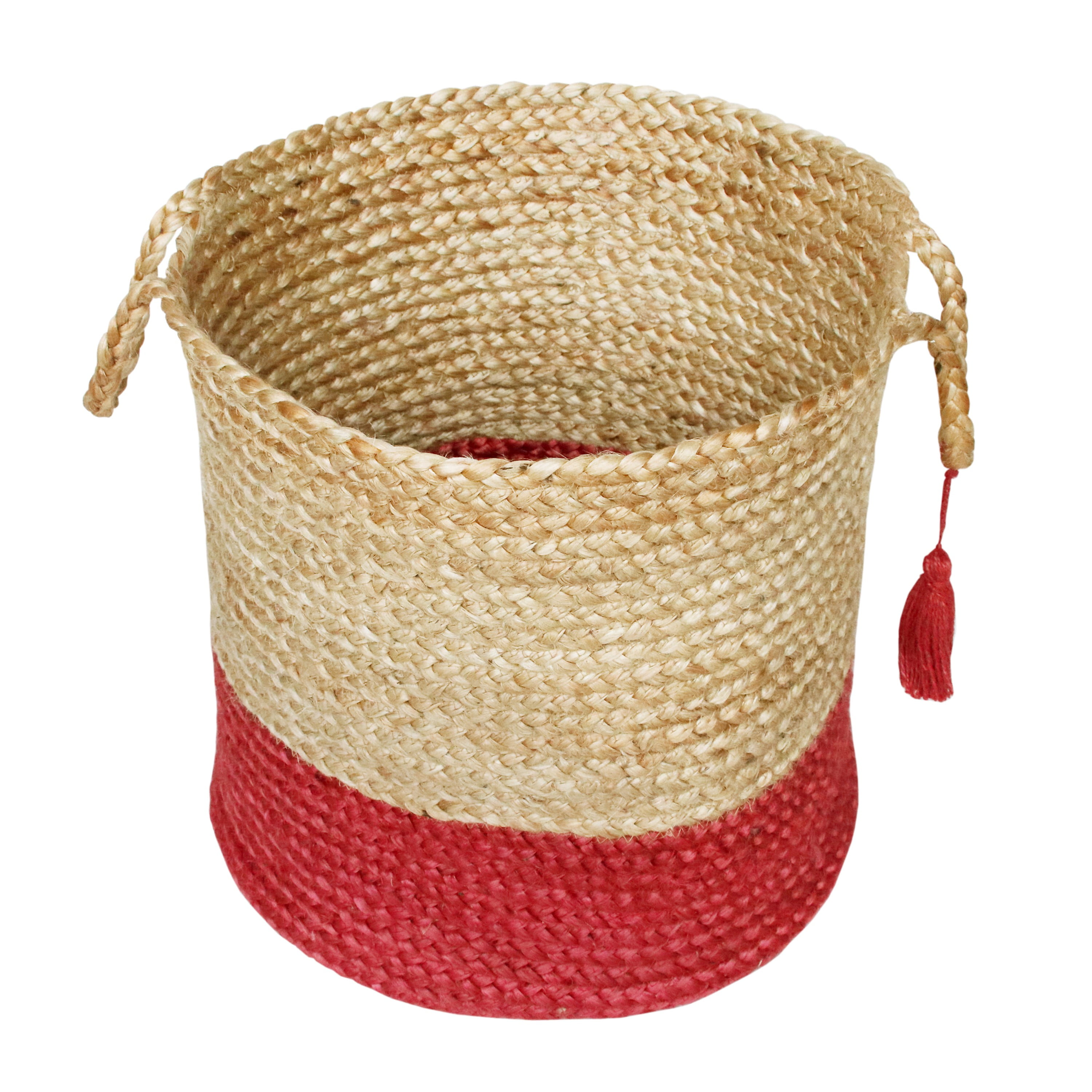 LR Home Woven Round Jute 17" Storage Basket with Handles, Red Stripe
