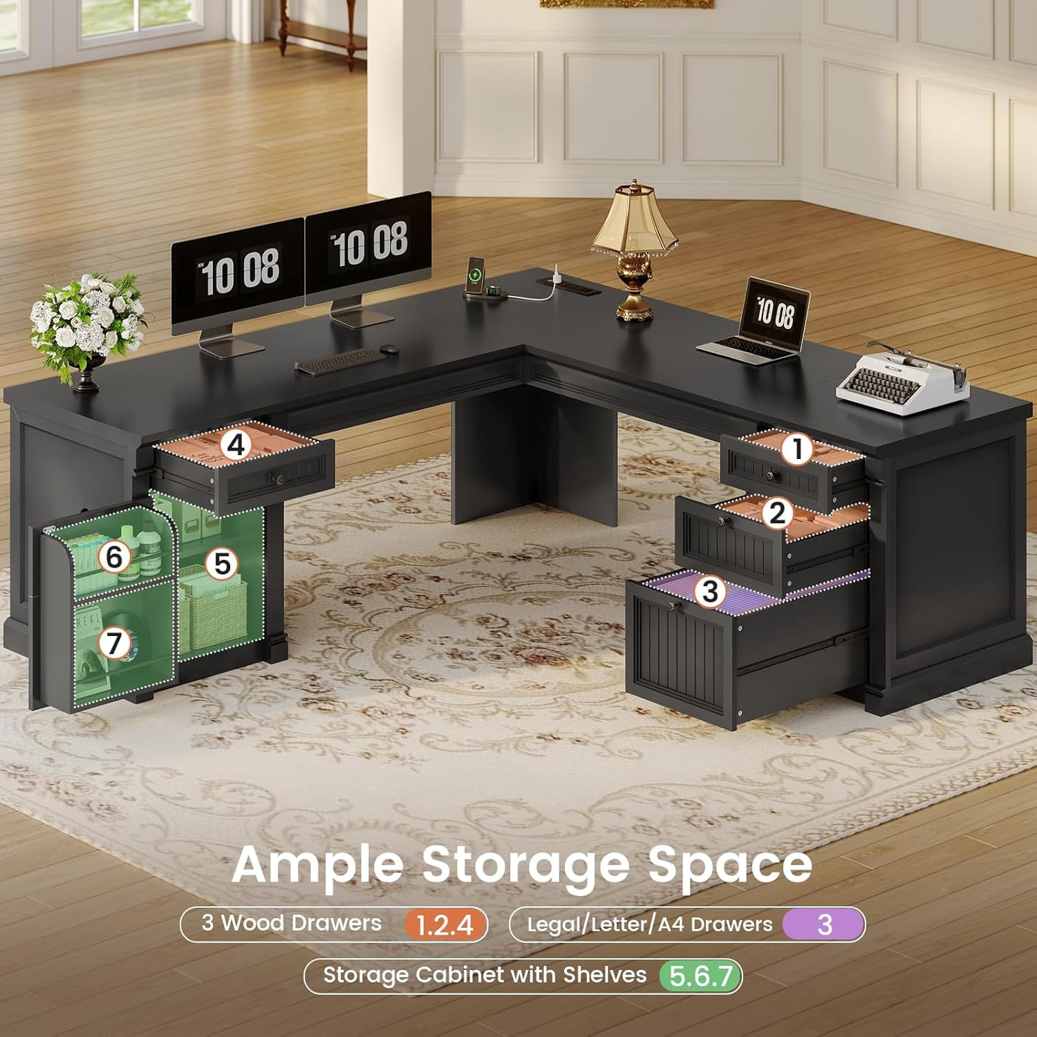 SEDETA Large L Shaped Desk with 4 Wood Drawers, 67"x 67" Executive Desk with File Drawers & Storage Cabinet, Farmhouse Corner Computer Desk with Power Strip for Home Office, Black