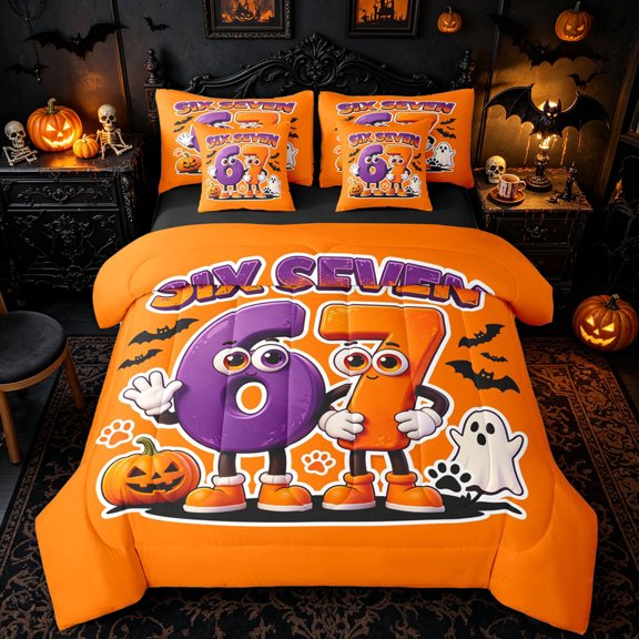 Homewish Fun Cartoon 67 Number King Bedding, Orange Vintage Ghost Pumpkin King Bed in a Bag, Black Reversible, 7-Piece