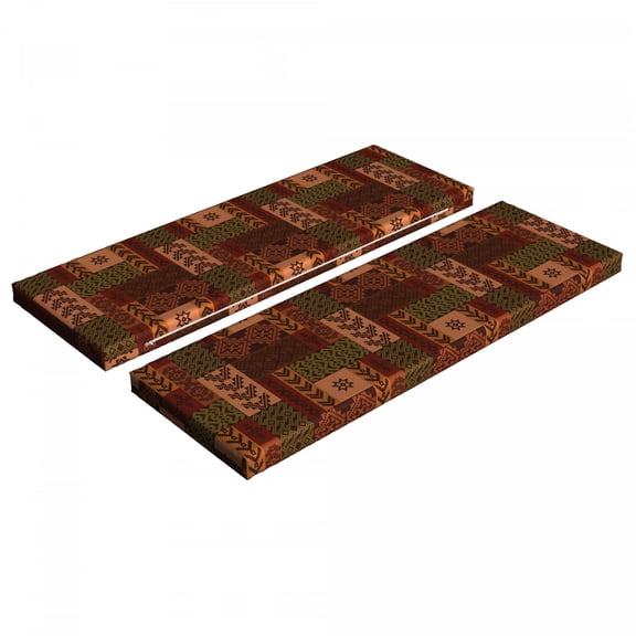 Geometric Bench Cushion Set of 2, Style Geometric Folk Design Geometric Floral Motifs Print, Standard Size Foam Pad and Decorative Cover, Pink Green and Brown, by Ambesonne