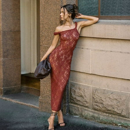 New Style Sexy Lace Sling See-through Slim Fit Long Dress Fashion Sleeveless Cross-Shoulder Bag Hip Dress
