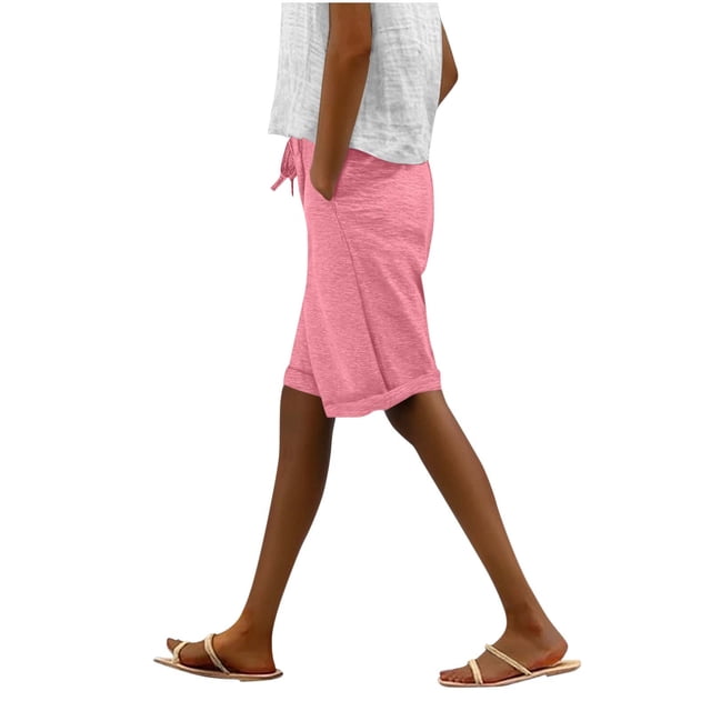 Pantalones Cortos de Entrenamiento con Bolsillos para Mujeres, Cintura Elástica de Color Sólido, Pantalones Cortos Deportivos