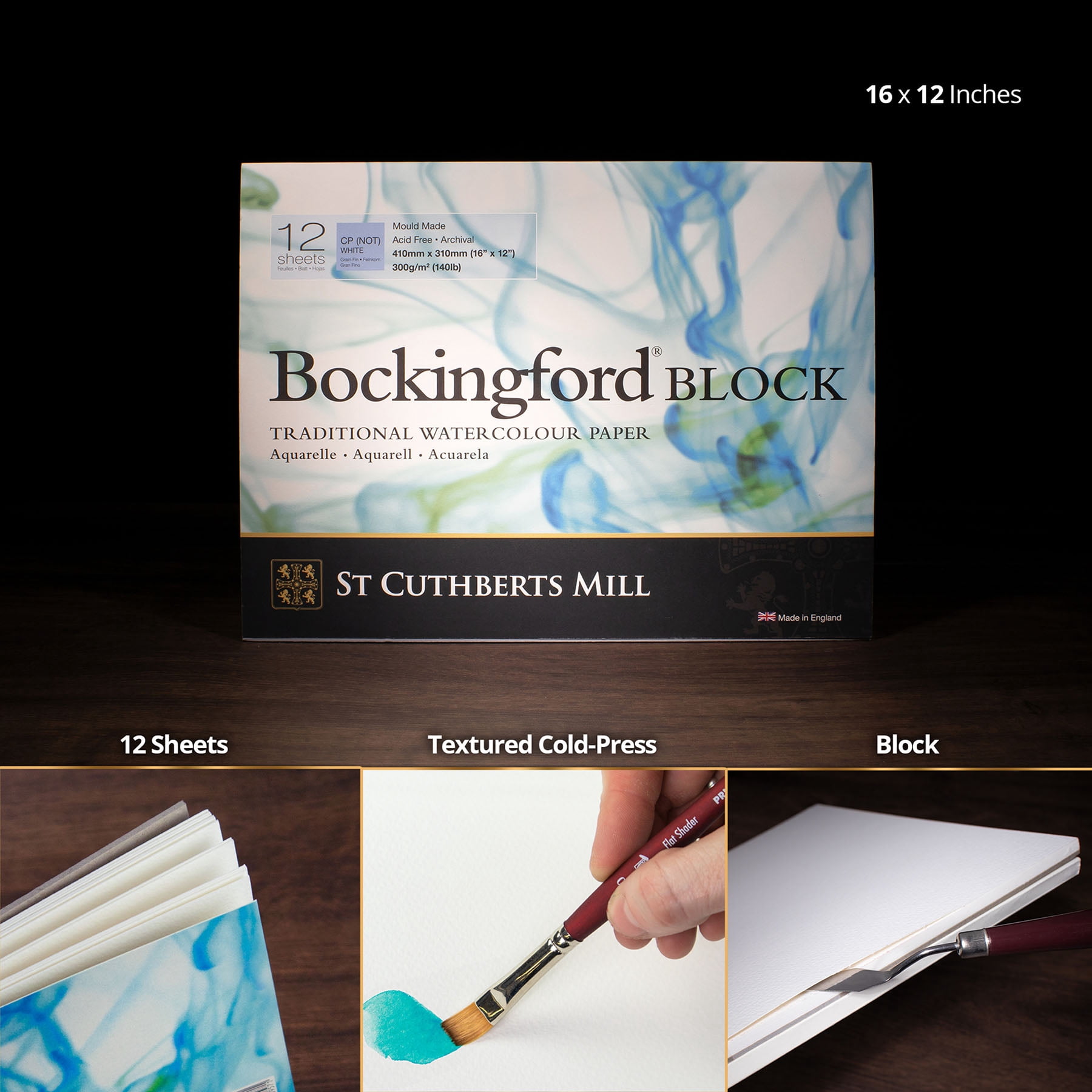 St Cuthberts Bockingford Watercolor Block, Cold Pressed, White, 140lb/300gsm, 12 Sheet, 12x16 inch, 1 Count