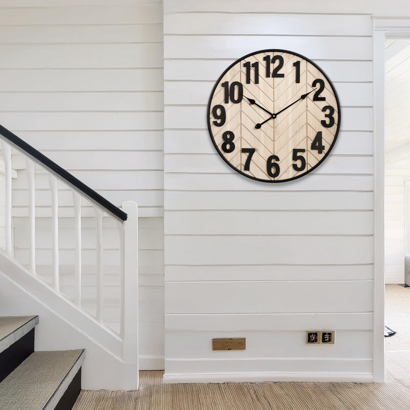MODE HOME Rustic Farmhouse Wooden Wall Clock with Black Metal Frame, 24 inch Battery Operated Silent Clock, Brown