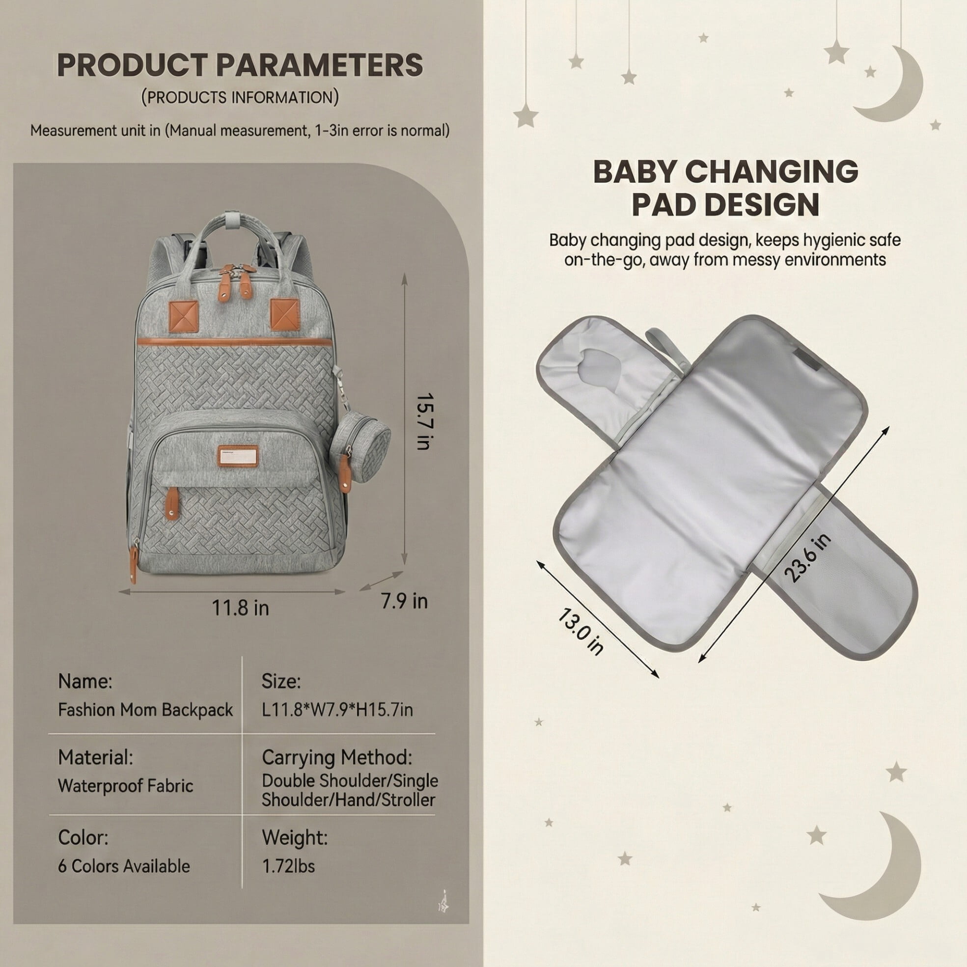 Baby diaper bag, with changing pad, multi-functional baby diaper bag, portable diaper bag, diaper bag storage bag, with insulated bottle bag, suitable for both boys and girls, gray.