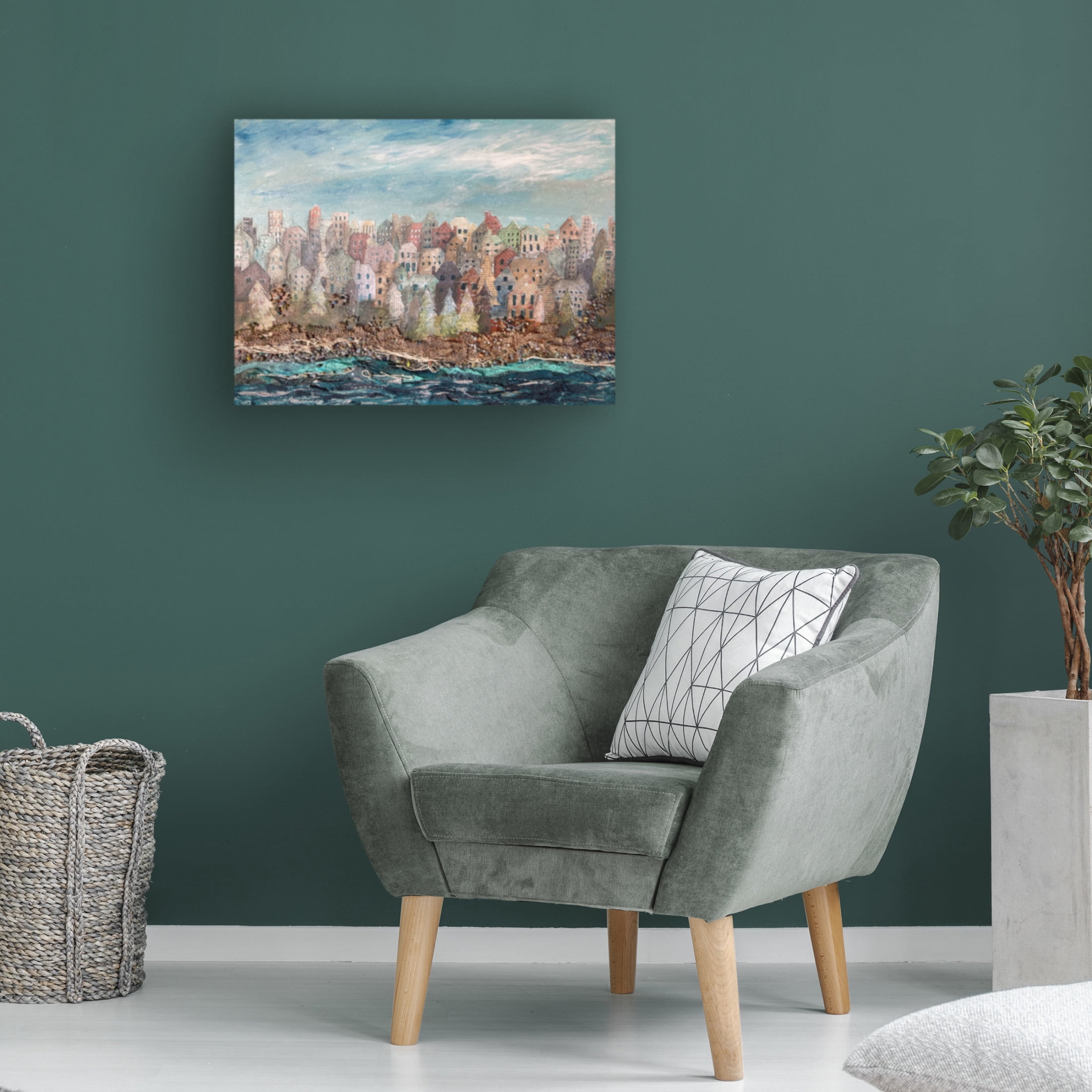 Canvas Wall Art - Christine Rotolo 'Mixed Media Village and the Sea' Wall Art for Living Room, Bedroom, or Office Décor by Trademark Fine Art - 47 x 35 Inches