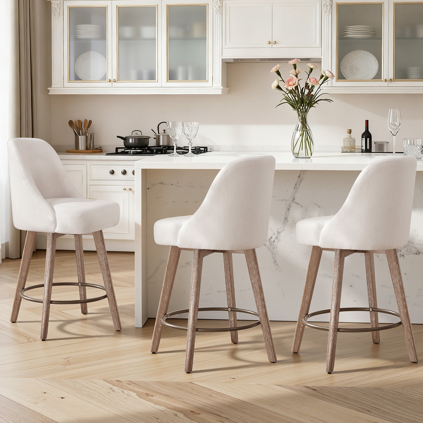 WOOW DEPOT 26" Swivel Bar Stools Large Seat Set of 2, Upholstered Linen Fabric w/ Mid-Back Wood Legs, Modern Armless Island Counter Barstools Kitchen Pub Chair, Off White